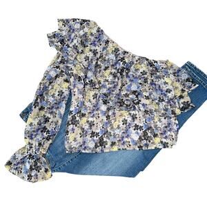**NWT Lucky Brand One Shoulder Blue and Yellow Floral Ruffle Top - SIZE M